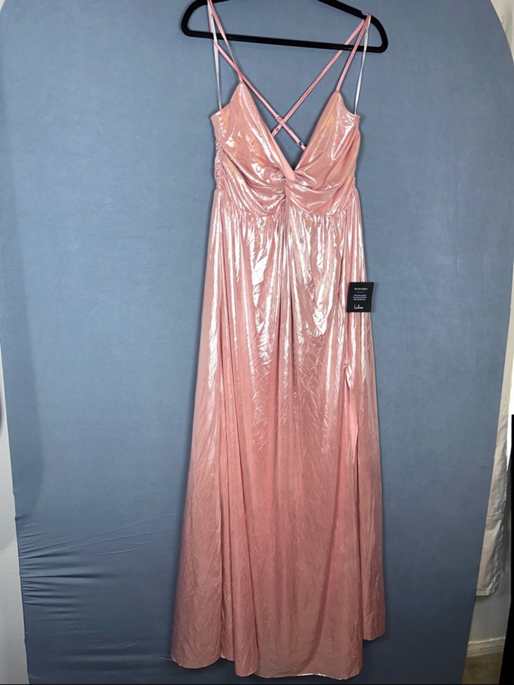 Lulus Pink Shimmer Maxi Dress Womens XL NWT Crisscross Back Formal Gown